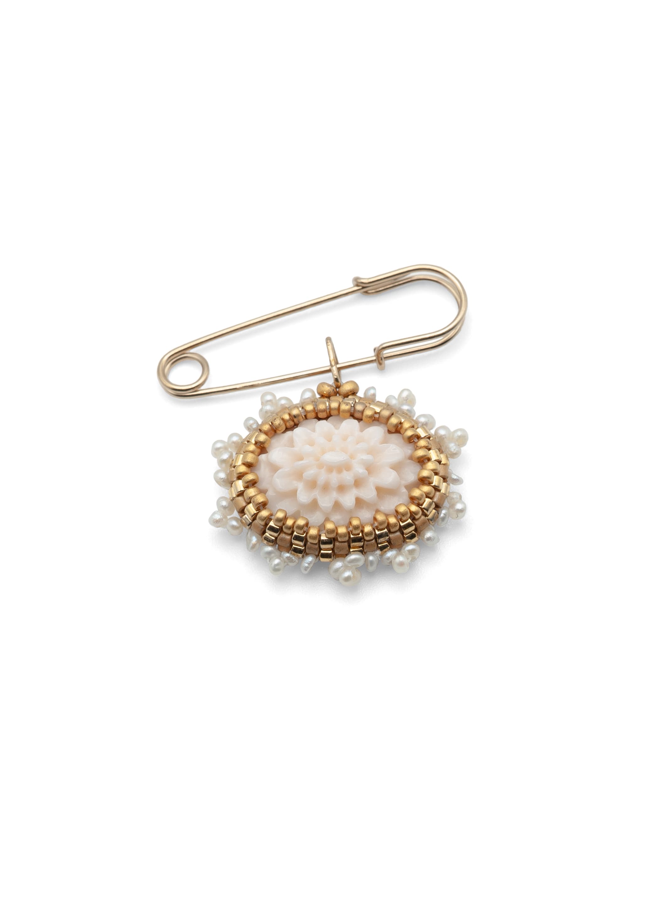 Chrysanthemum, Coral Flower, & Pearl Brooch